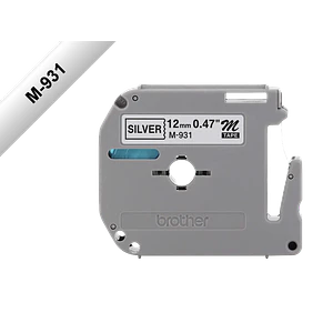 Cinta no laminada Brother M931 en negro sobre plateado de 12 mm x 8 m