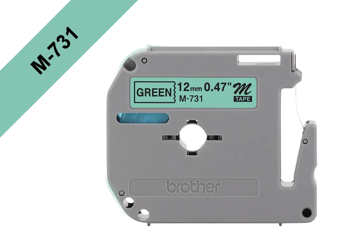 Cinta No Laminada Brother M731, Texto Negro sobre Fondo Verde, 12mm, 8 Metros 1