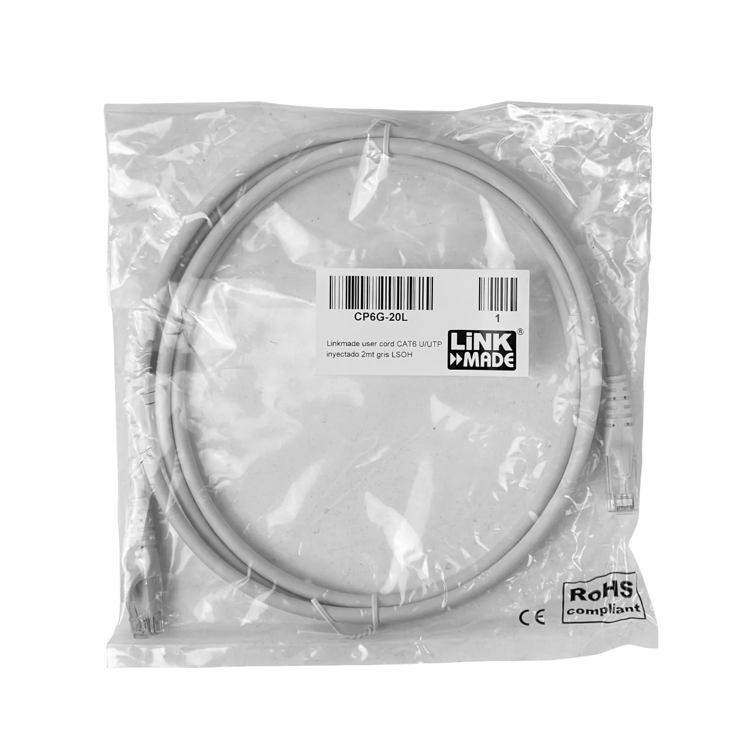 Cable Patch LINKMADE Cat6 Gris LSZH 2m Inyectado Multifilar para Redes de Alto Desempeño 1