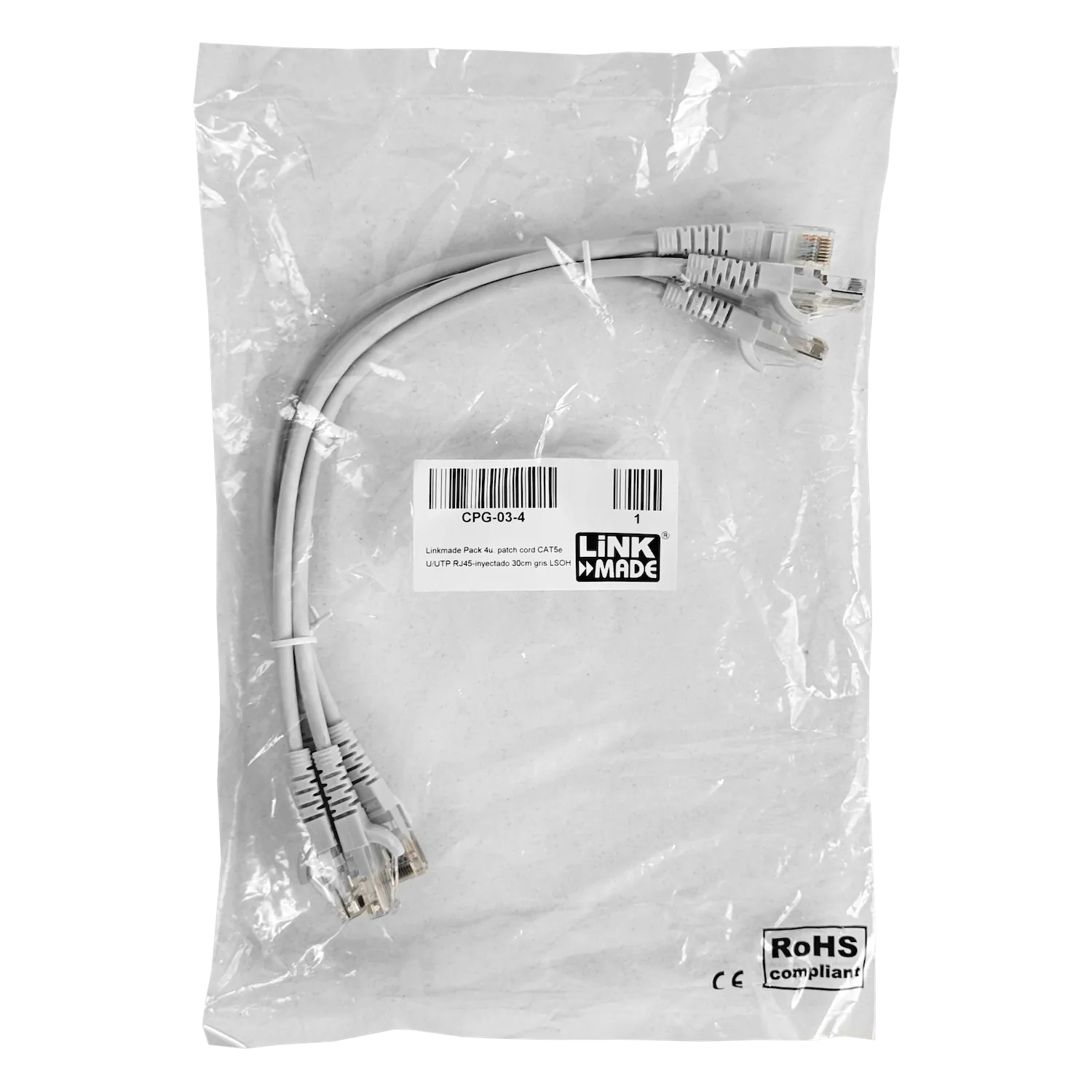 Pack x4 Cable Patch LINKMADE Cat5e Gris 30cm LSZH Inyectado Multifilar 1