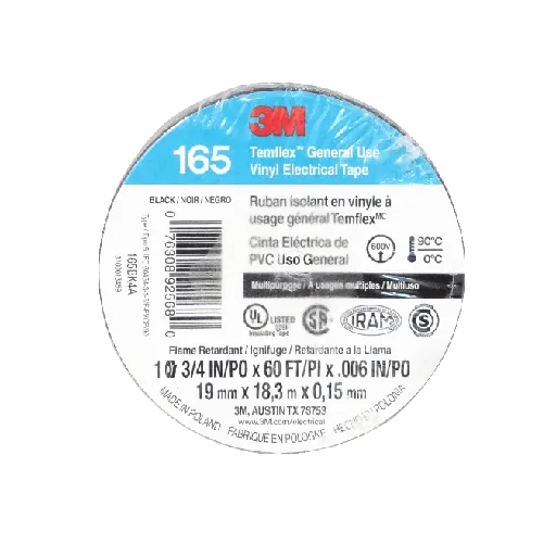 Cinta Huincha Aisladora 3M165 Negra, 18 Metros, PVC 19mm 0,15mm 600V 0-90ºC 1
