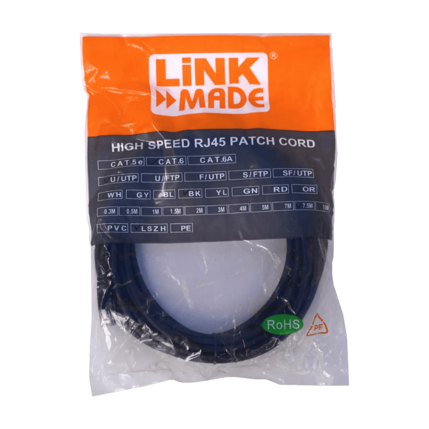 Cable Patch LINKMADE Cat6 Negro LSZH 7.5 metros Inyectado Multifilar para Redes de Alta Capacidad 1