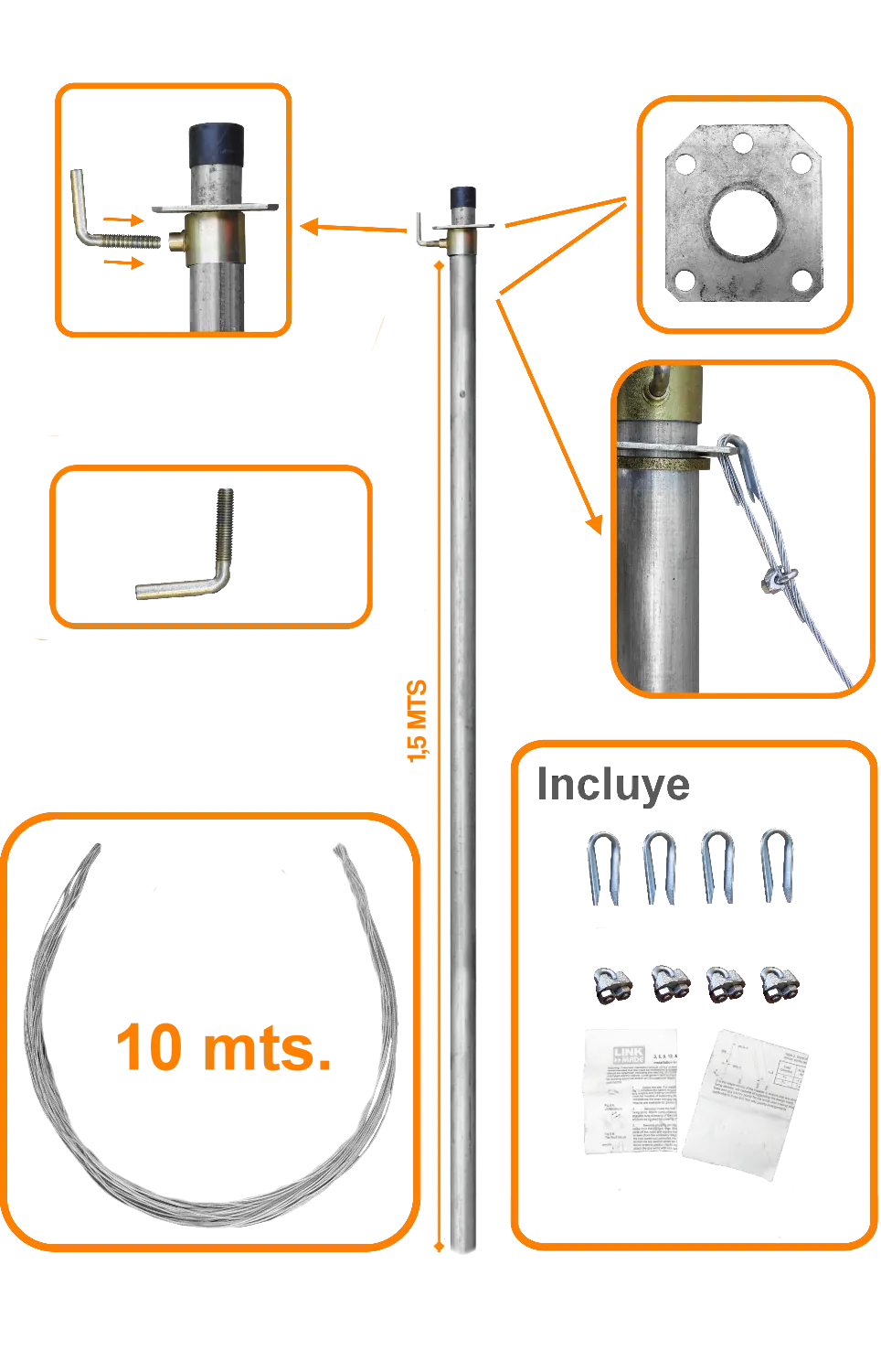 Mástil Telescópico LINKMADE con Vientos, 1 Tubo, 1.5m 1