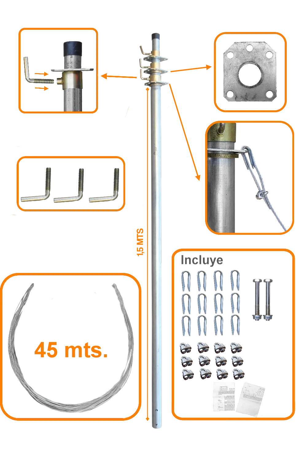 Mastil Telescopico LINKMADE MAST-15 4.5m con Vientos 3 Tubos Alcance 1.5m 1