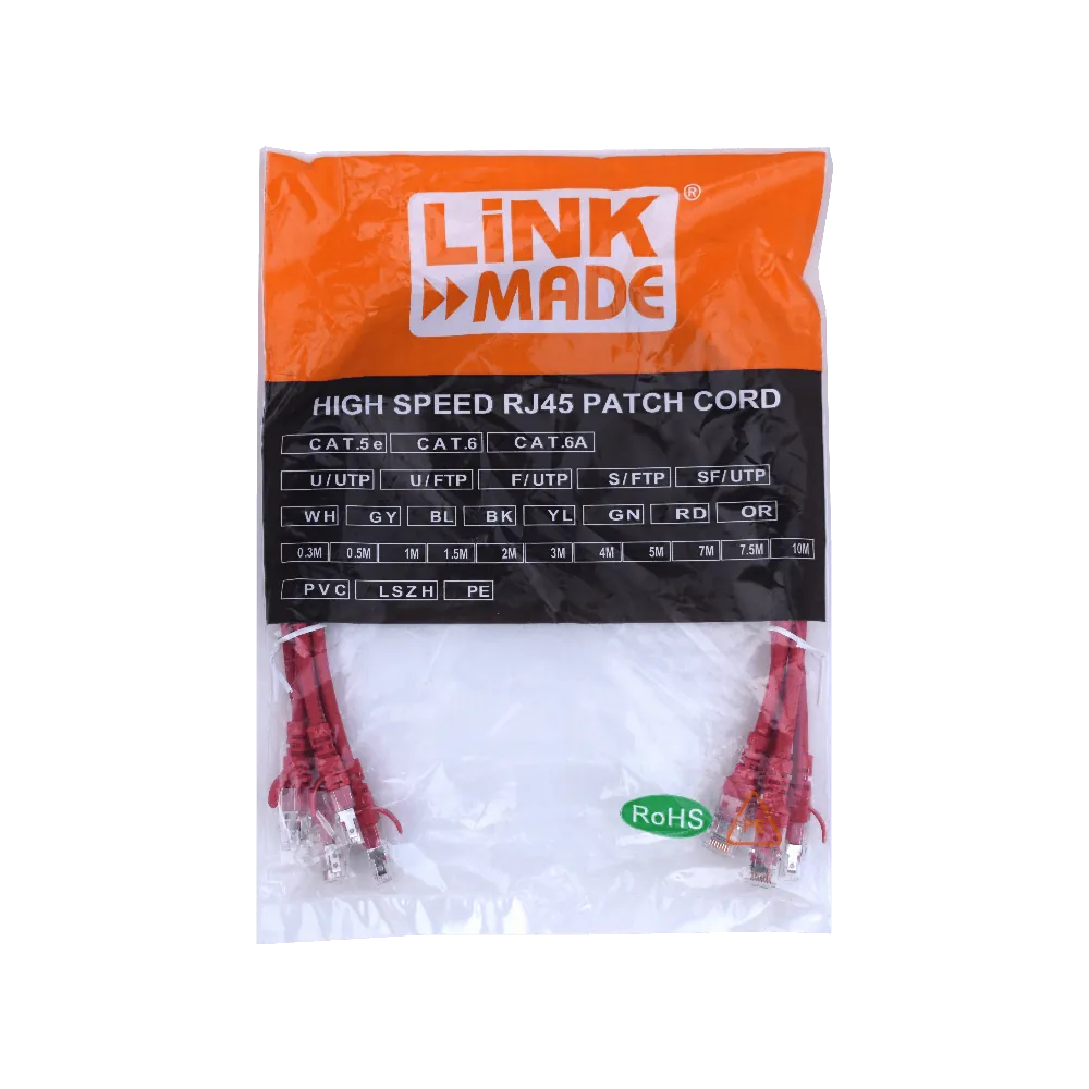 Pack x4 Cable Patch LINKMADE Cat6a U/FTP 0.5mt Rojo LSZH Inyectado Multifilar 1