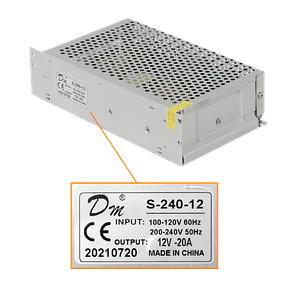 Fuente de Poder Ajustable 240W 12V 20A, IP20, Entrada 110-245VAC