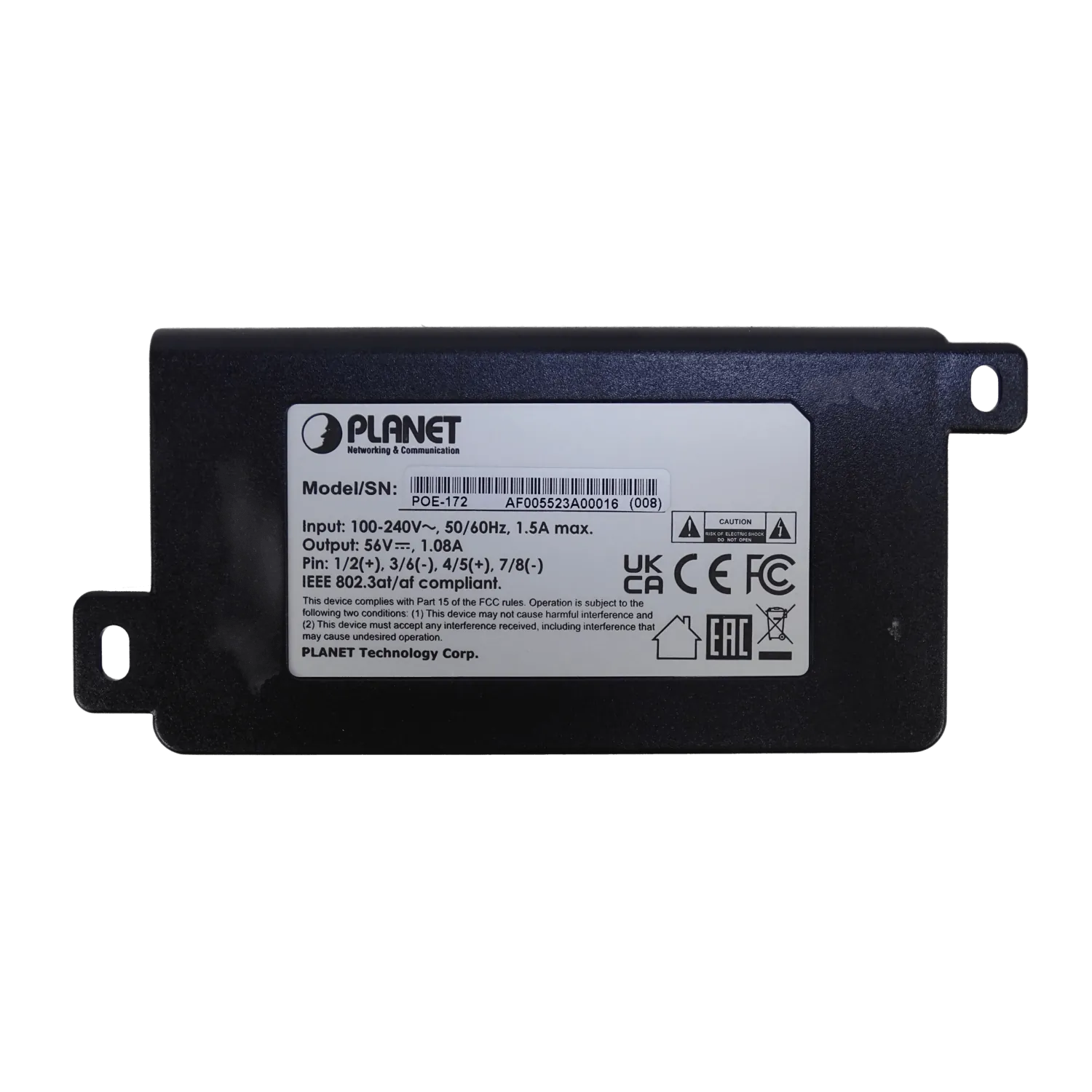  Inyector PoE+ Planet POE-172 de 220V AC a 56V DC y 60W, 802.3at, 56V, 60W, 2 RJ45 Gigabit 1