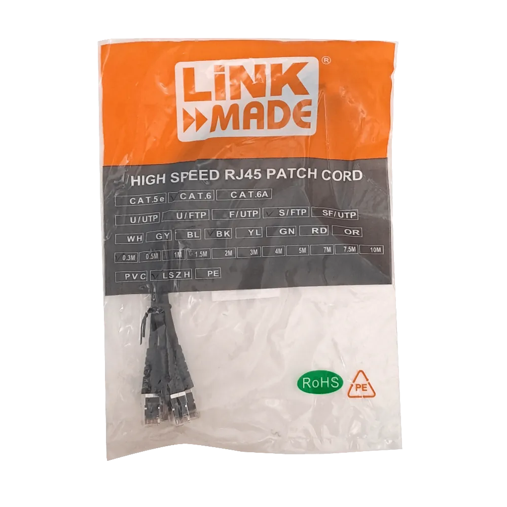 Pack x4 Cable Patch LINKMADE Cat6 S/FTP 30cm Negro LSZH Inyectado Multifilar 1