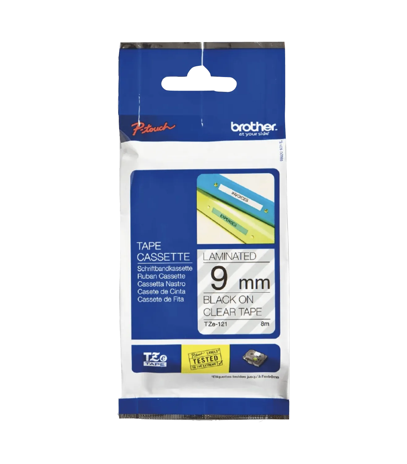  Cinta Laminada Brother TZE-121, Texto Negro sobre Fondo Transparente, 9 mm, 8 Metros 1