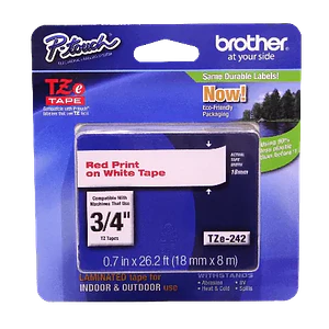 Cinta Brother TZE-242 18mm rojo en fondo blanco 8m