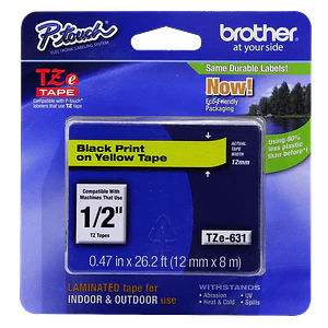 Cinta Laminada Brother TZE-S631, Fondo Amarillo con Texto Negro, 12mm, 8 Metros
