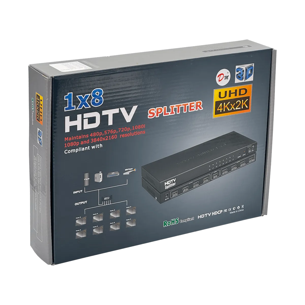 Splitter HDMI 1x8 v1.3, 1080p, 1 Entrada a 8 Salidas, Fuente 5V 2A 1