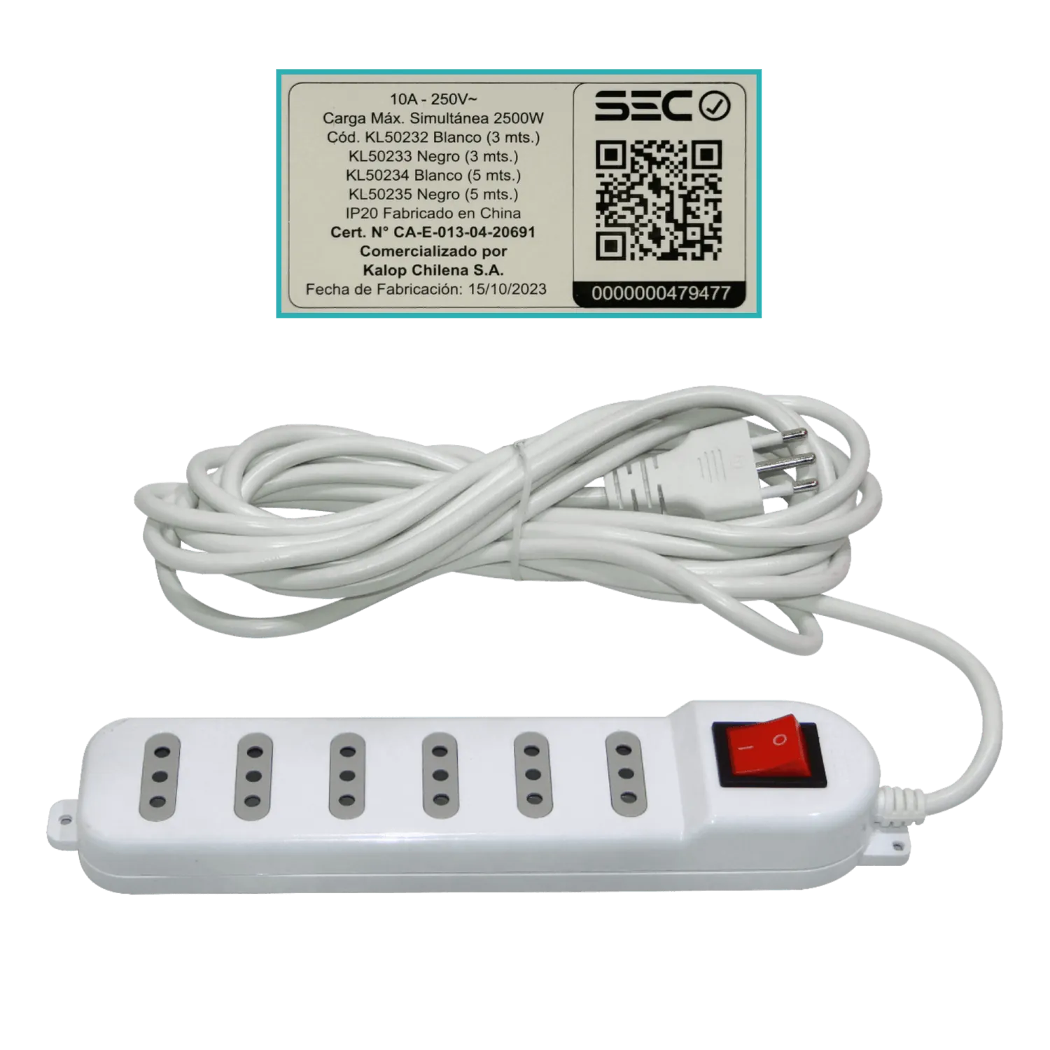 KALOP 5mt 6-IH Alargador Blanco 10A Zapatilla Piloto-Interrupt KL50234 1