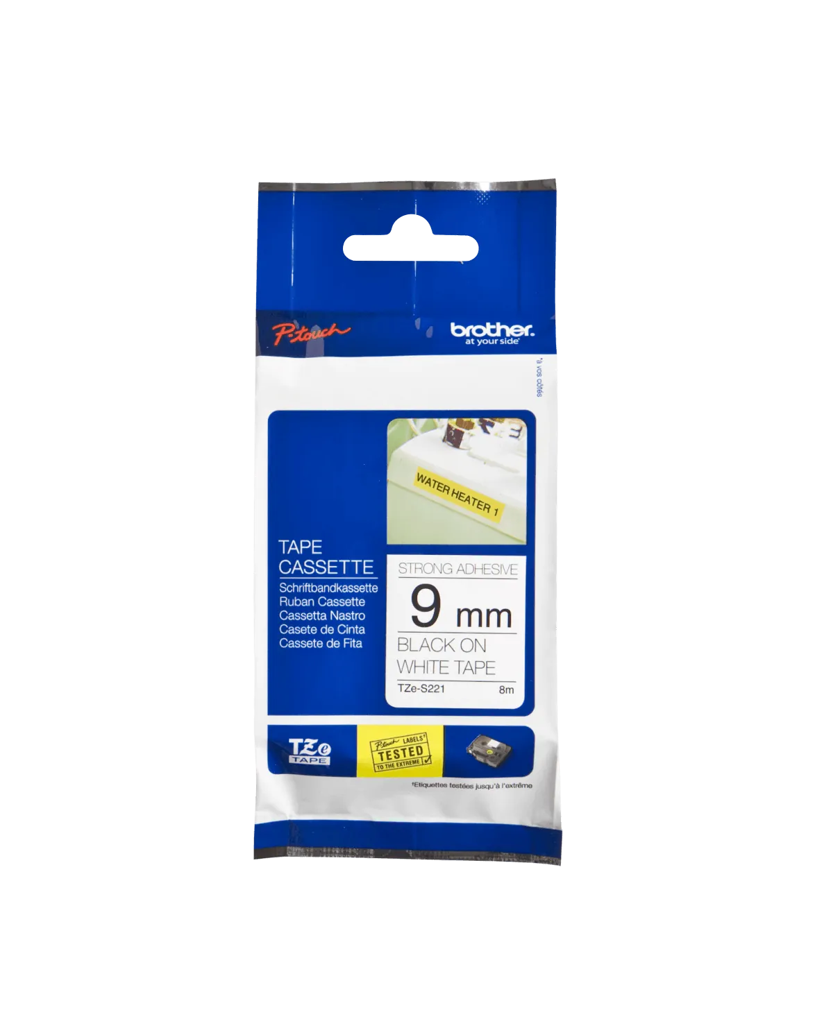 Cinta Laminada Superadhesiva Brother TZE-S221, Texto Negro sobre Fondo Blanco, 9mm, 8 Metros 1