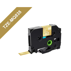 Cinta Laminada Brother TZE-MQ835, Texto Blanco sobre Fondo Dorado con Acabado Saten, 12mm, 5 Metros