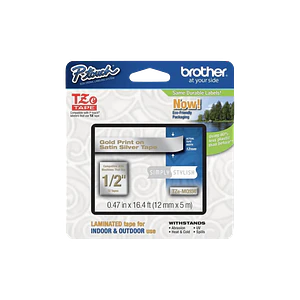 Cinta satinada Brother TZE-MQ934 12mm oro en fondo gris 5m