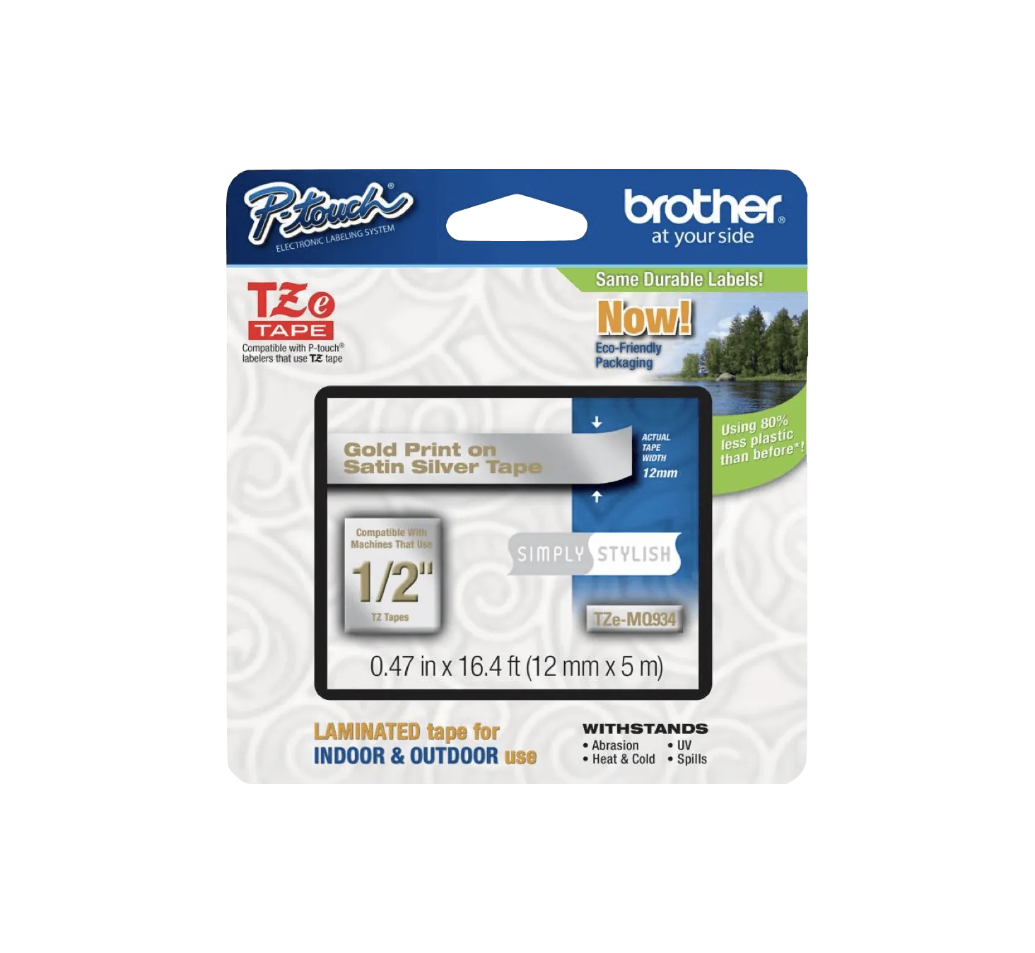 Cinta satinada Brother TZE-MQ934 12mm oro en fondo gris 5m 1