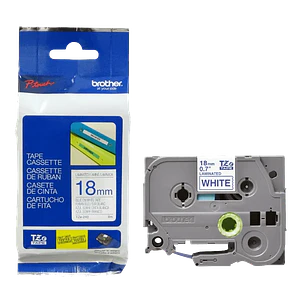 Cinta laminada Brother TZ-243, Texto Azul sobre Fondo Blanco, Ancho 18mm, Longitud 8m