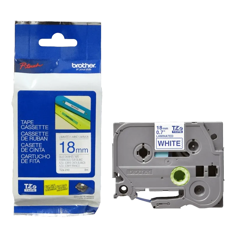 Cinta laminada Brother TZ-243, Texto Azul sobre Fondo Blanco, Ancho 18mm, Longitud 8m 1