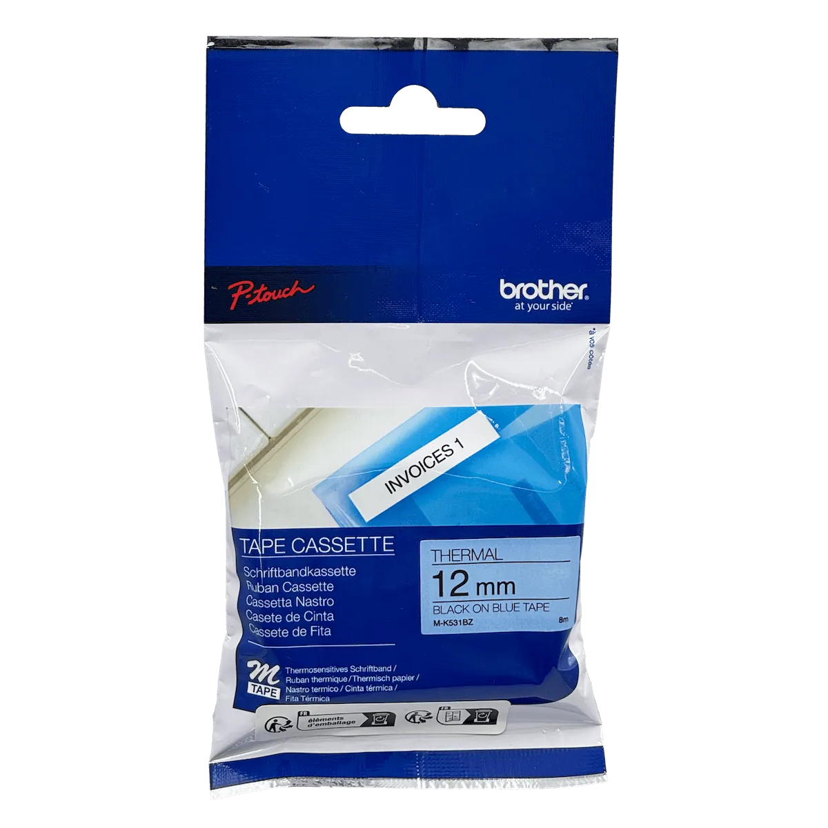 Cinta No Laminada Brother M531, Texto Negro sobre Fondo Azul, 12mm, 8 Metros 1