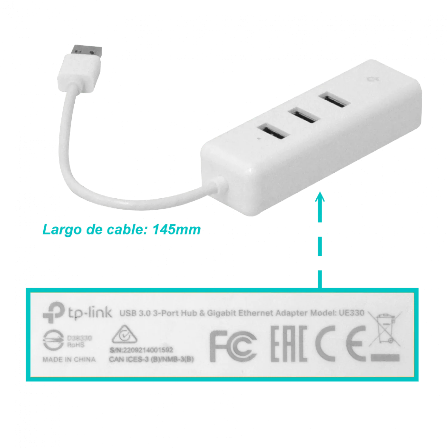Adaptador TP-Link USB 2 en 1 con Hub de 3 Puertos USB 3.0 y Adaptador Ethernet Gigabit 1