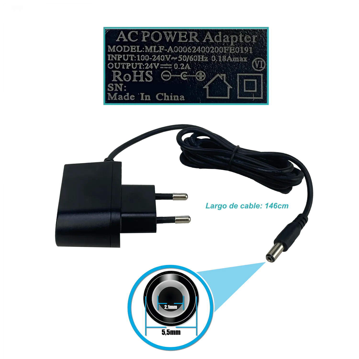 Fuente Poder 24VDC 0,2A 200mA 5W interior Plug-5,5x2,1mm p/Mikrotik 1