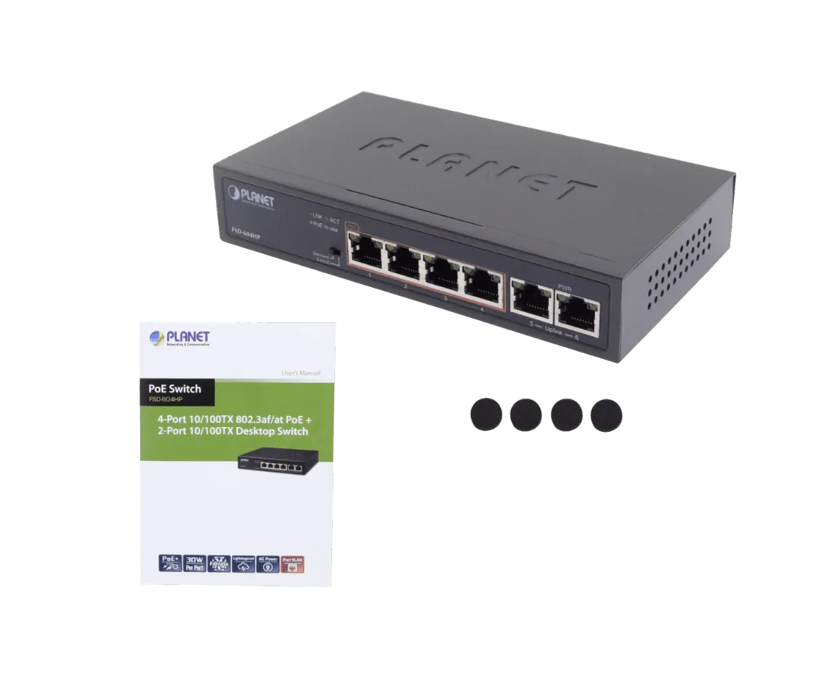 PLANET 6-100(4-PoE+af/at) Extend-250mt 60W-tot Switch no-Admin no-Rack 1