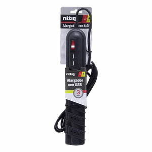 Alargador Negro 5 Tomas + 2 Conectorers USB-A 5V, 10A-250V 2200W, 3 Metros, Negro 