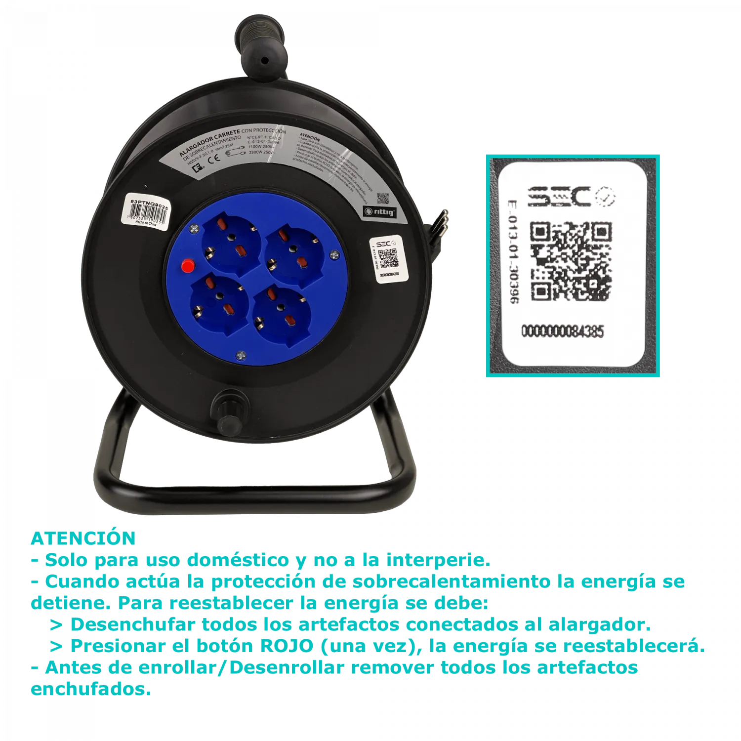 RITTIG 25mts Alargador Carrete 4-Multinorma-H 1-16A-IM 250V Proteccion 1