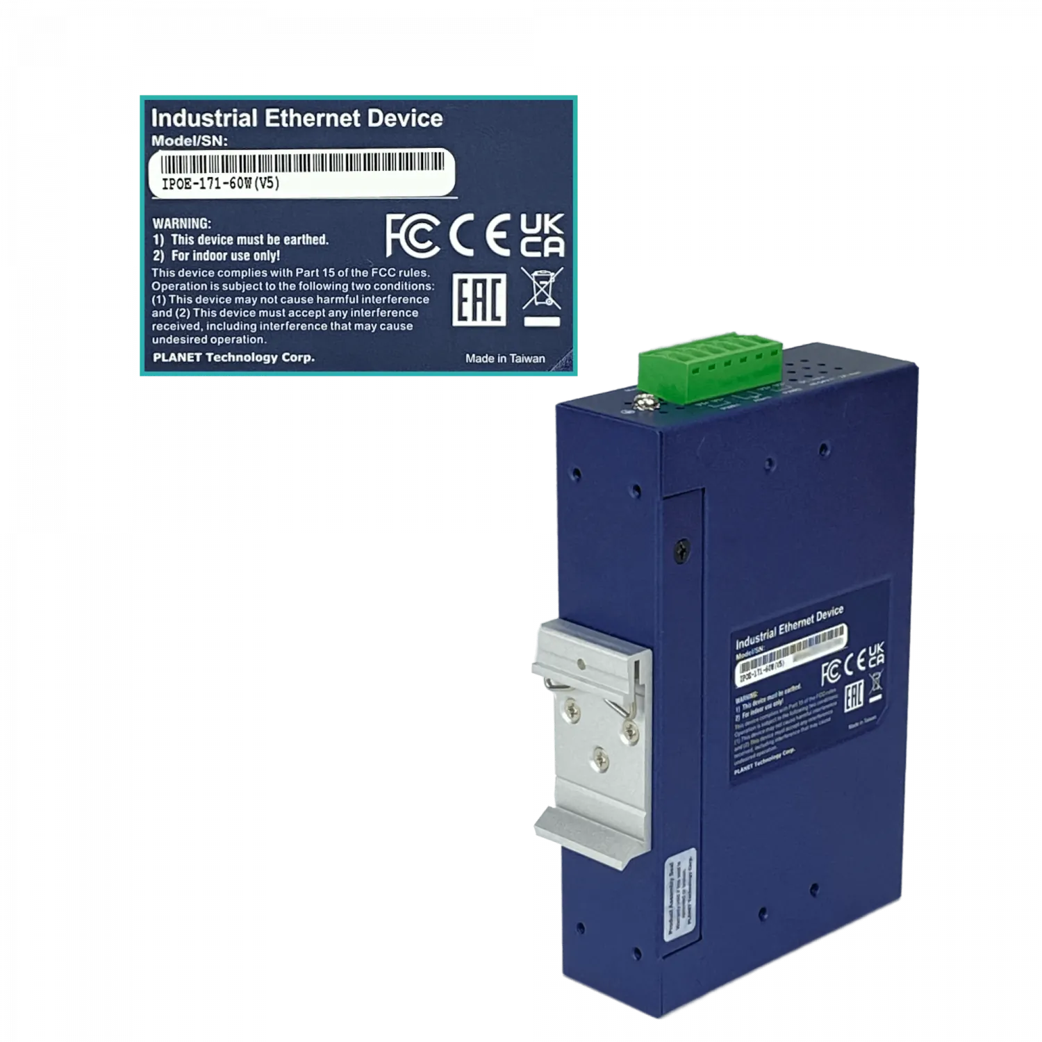Inyector PoE+ Din-Rail, 60W, 802.3at, 2 RJ45, 48-56VDC, PLANET IPOE-171-60W 1