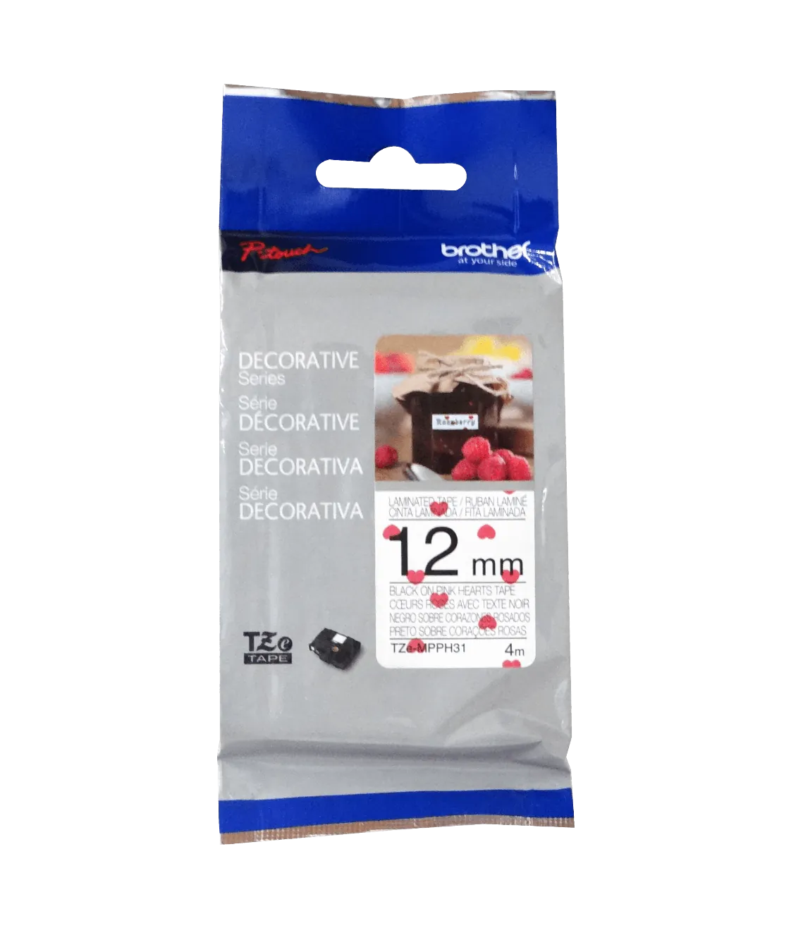 Cinta patron Brother TZE-MPPH31 12mm negro en fondo corazones 4m 1