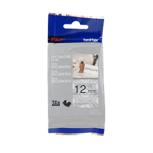 Cinta encaje Brother TZE-MPSL31 12mm negro en fondo plata 4m