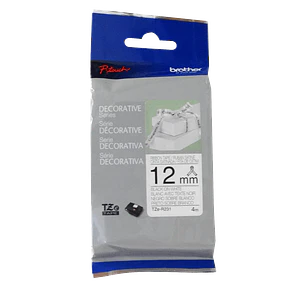 Cinta satin Brother TZE-R231 12mm negro en fondo blanco 4m