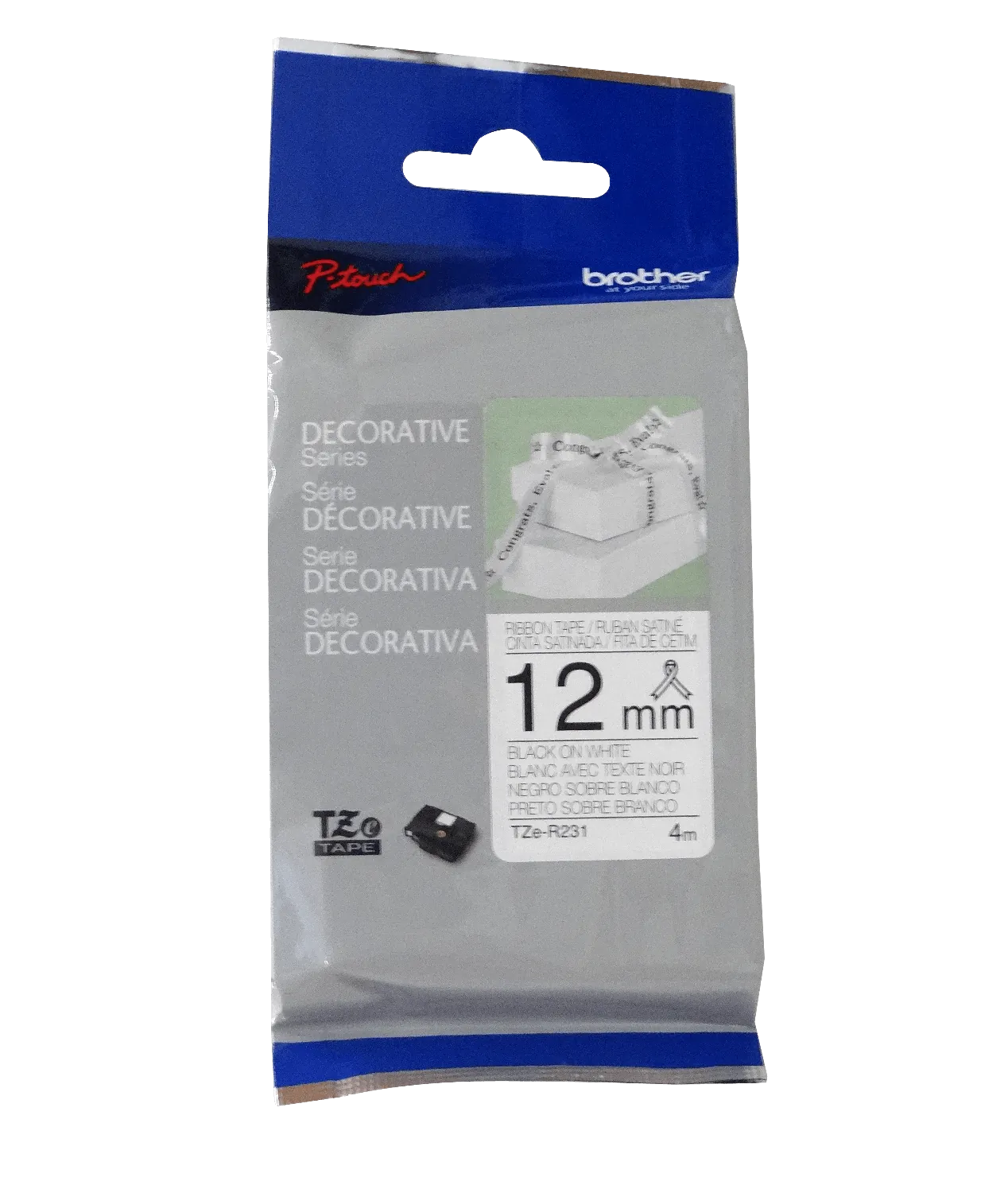 Cinta satin Brother TZE-R231 12mm negro en fondo blanco 4m 1