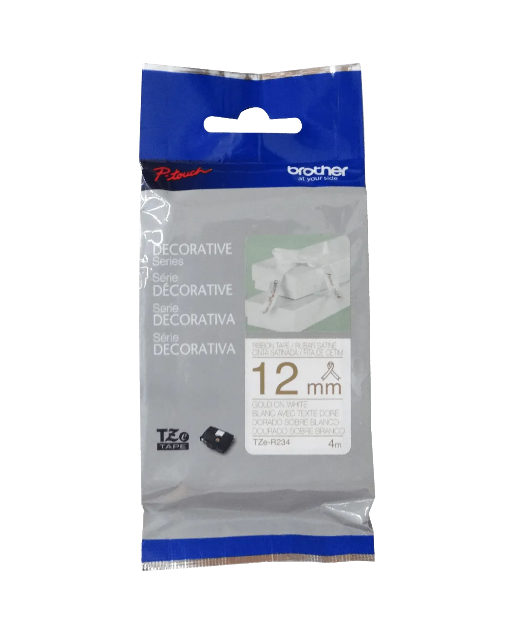 Cinta satin Brother TZE-R234 12mm dorado en fondo blanco 4m 1