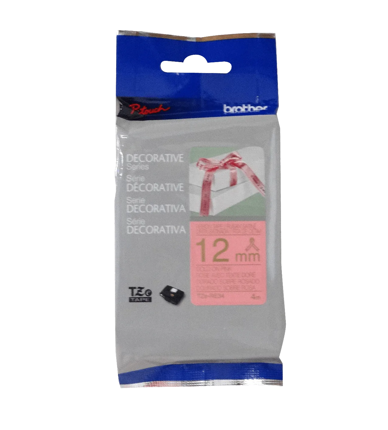 Cinta satin Brother TZE-RE34 12mm dorado en fondo rosado 4m 1