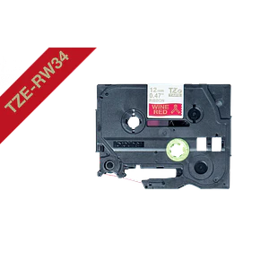 Cinta satin Brother TZE-RW34 12mm dorado en fondo rojo vino 4m