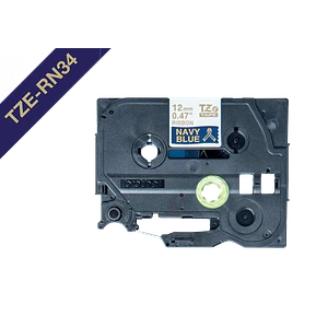 Cinta satin Brother TZE-RN34 12mm dorado en fondo azul marino 4m