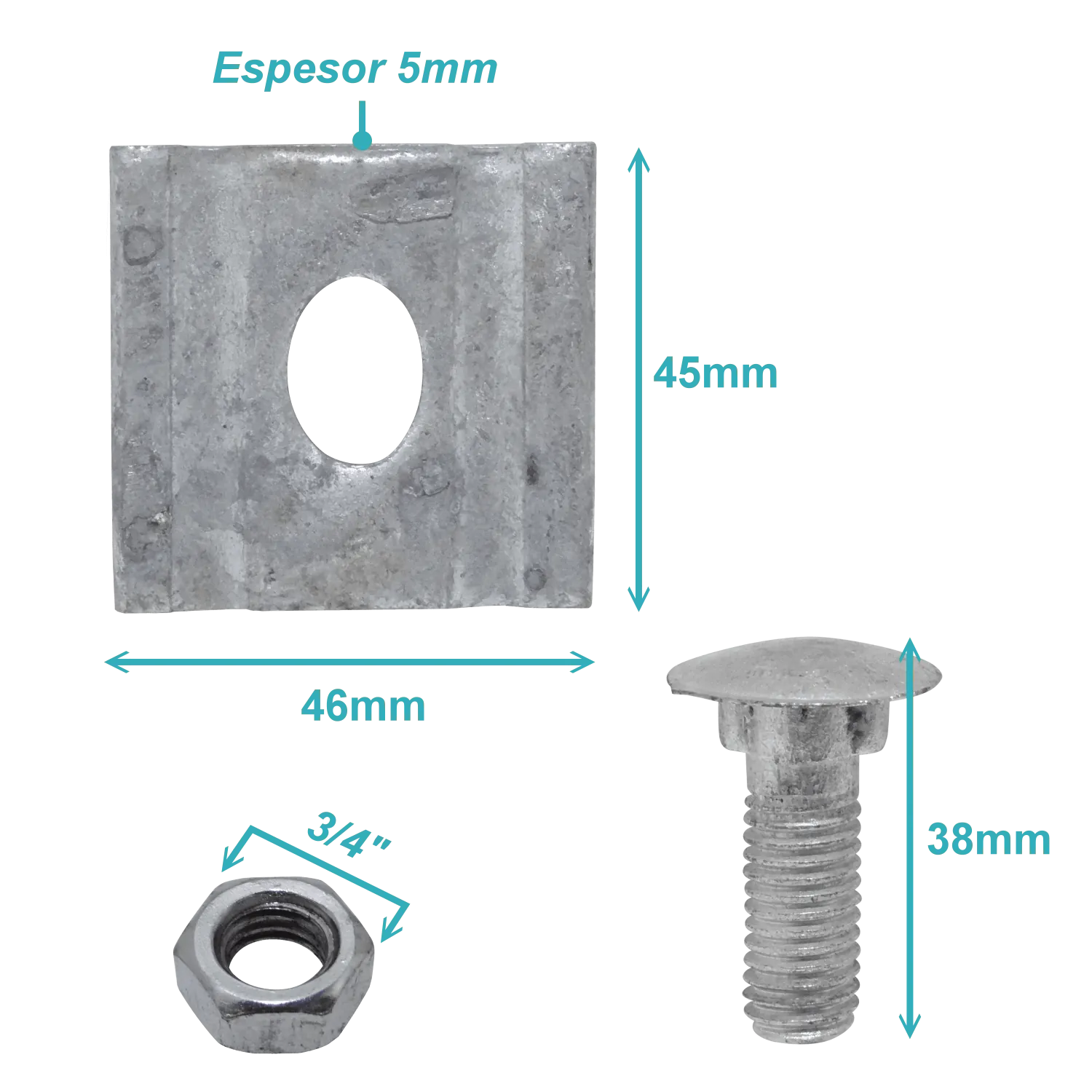 Brida 1-Perno-Hex3/4p 45x46x5mm Largo-38mm M12 para Sujecion Postacion 1