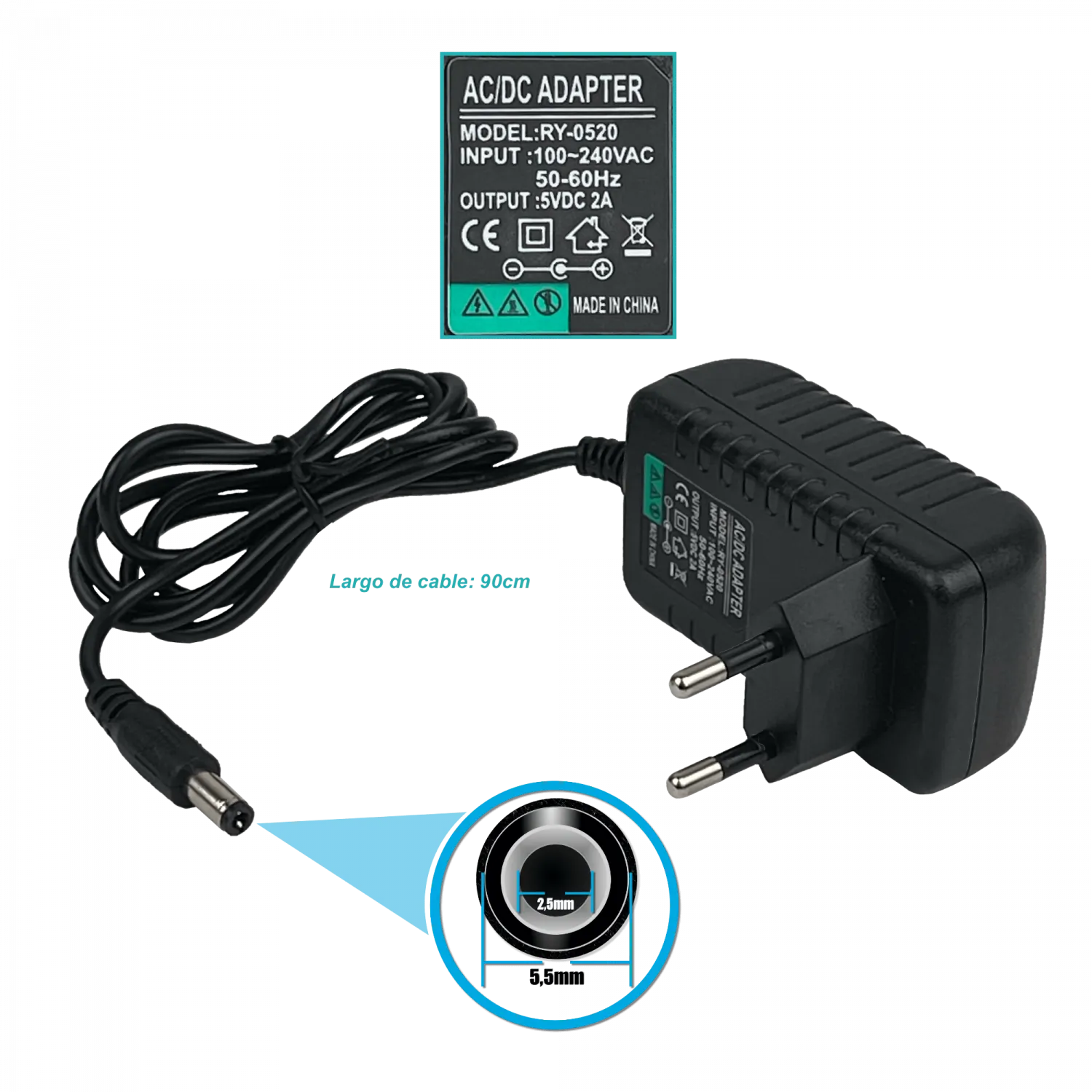 Fuente de Poder 5V 2A Plug 5.5x2.5mm, Largo 90cm, Transformador 100-240VAC 1