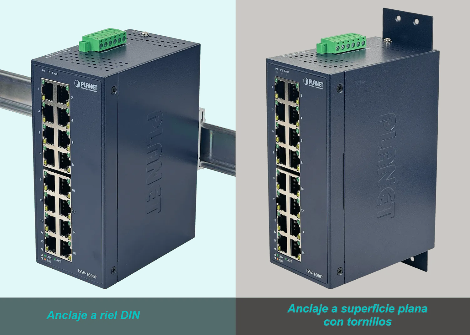 PLANET 16-100 Switch Industrial Riel-DIN no-Admin req/12-48VDC/24VAC 1