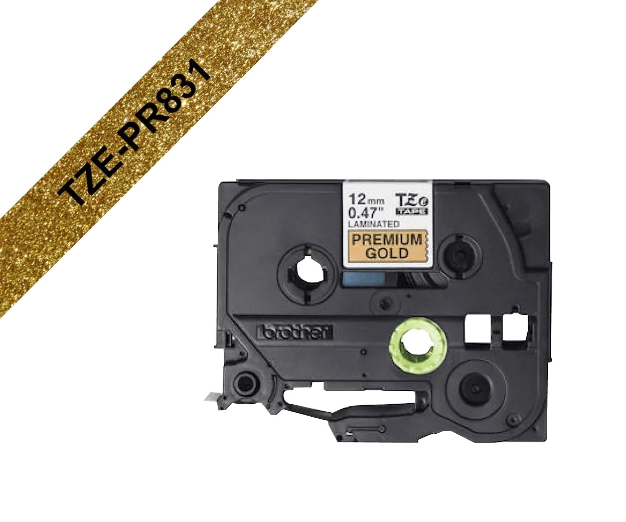 Cinta glitter Brother TZE-PR831 12mm negro en fondo dorado 8m 1