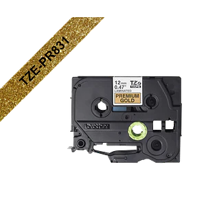 Cinta glitter Brother TZE-PR831 12mm negro en fondo dorado 8m