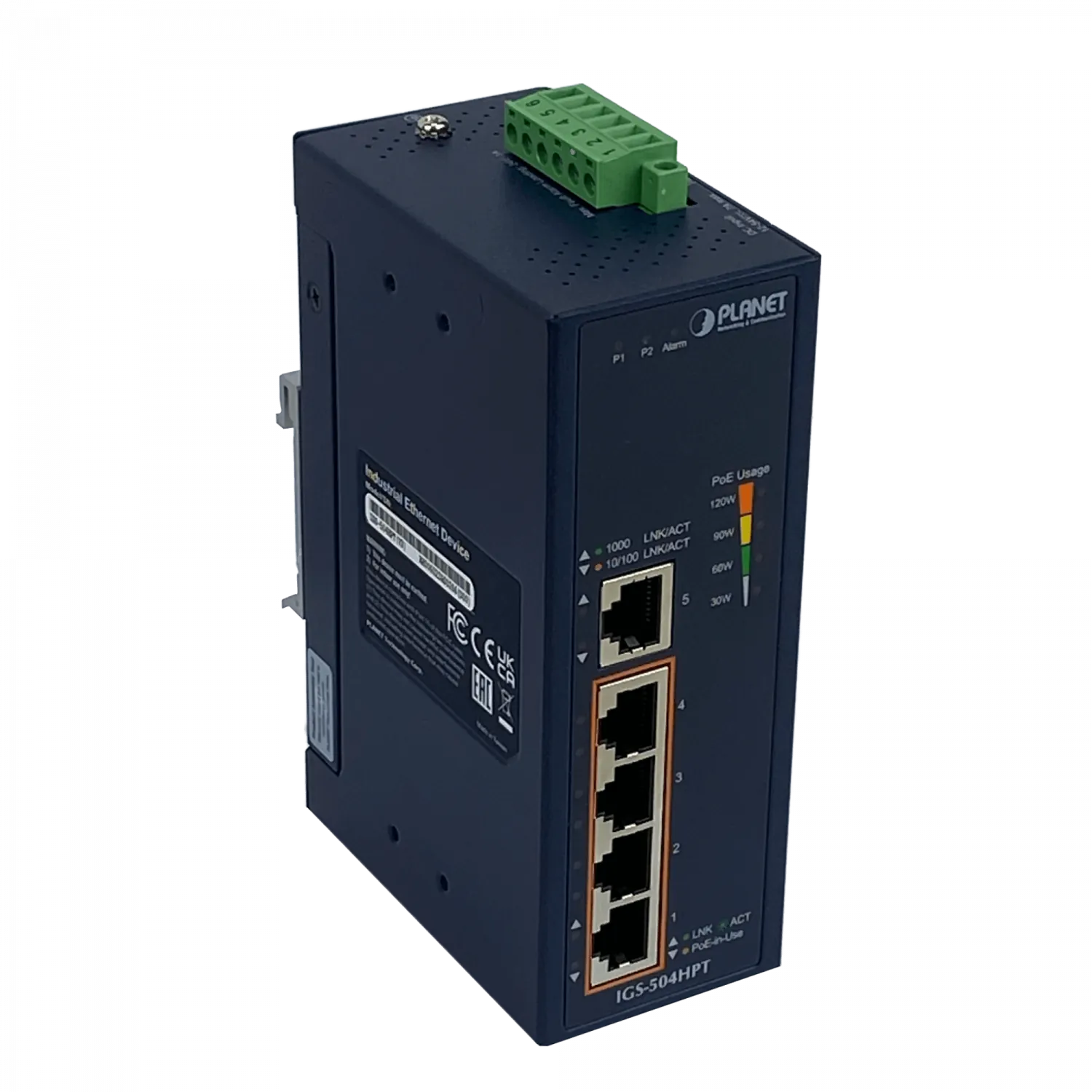 Switch 5-1000 4-PoE+120W-tot RielDIN industrial 50mm req/12-56V PLANET  1