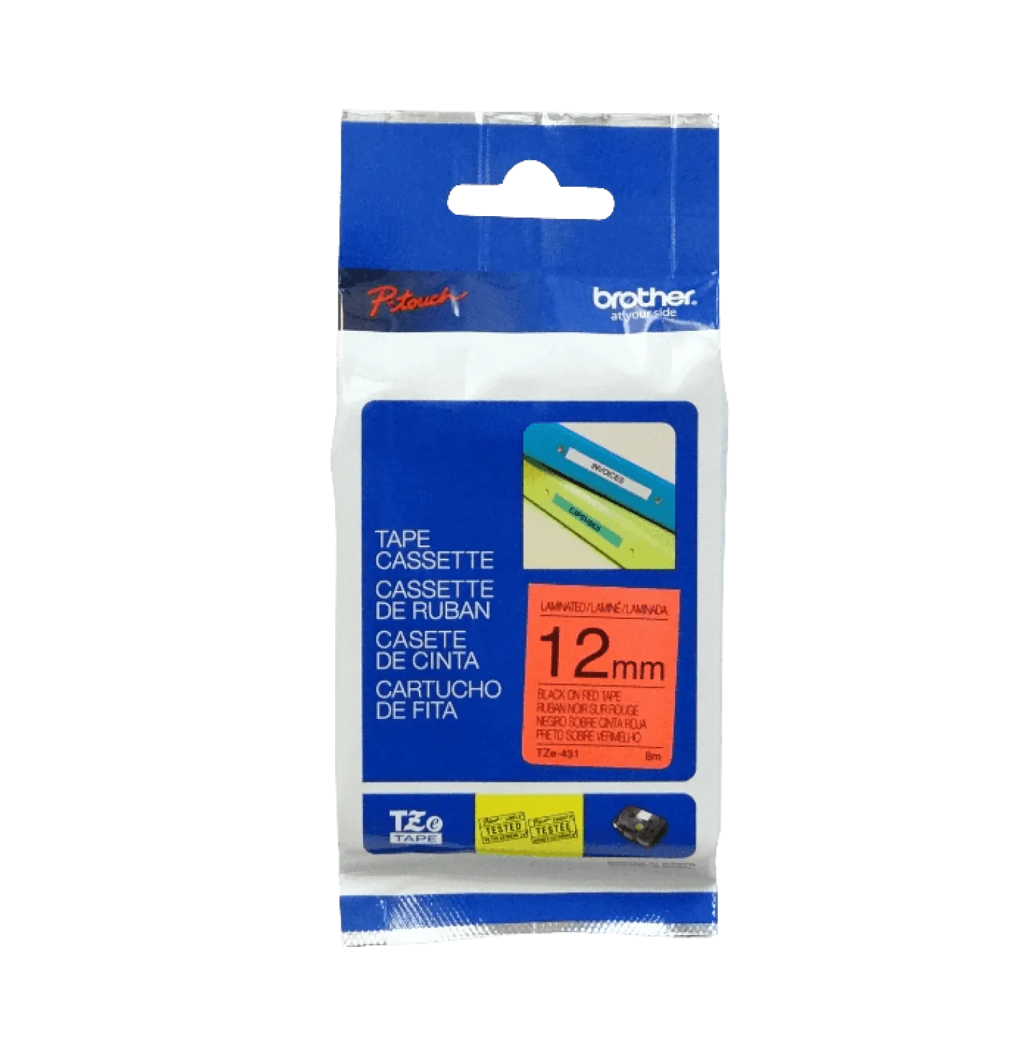 Cinta Brother TZE-431 12mm negro en fondo rojo 8m 1