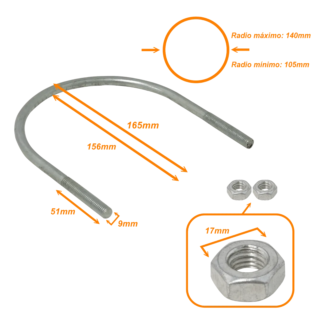 Abrazadera 105-140mm Diametro Poste Tubo c/2-tuercas-17mm req/pletina 2