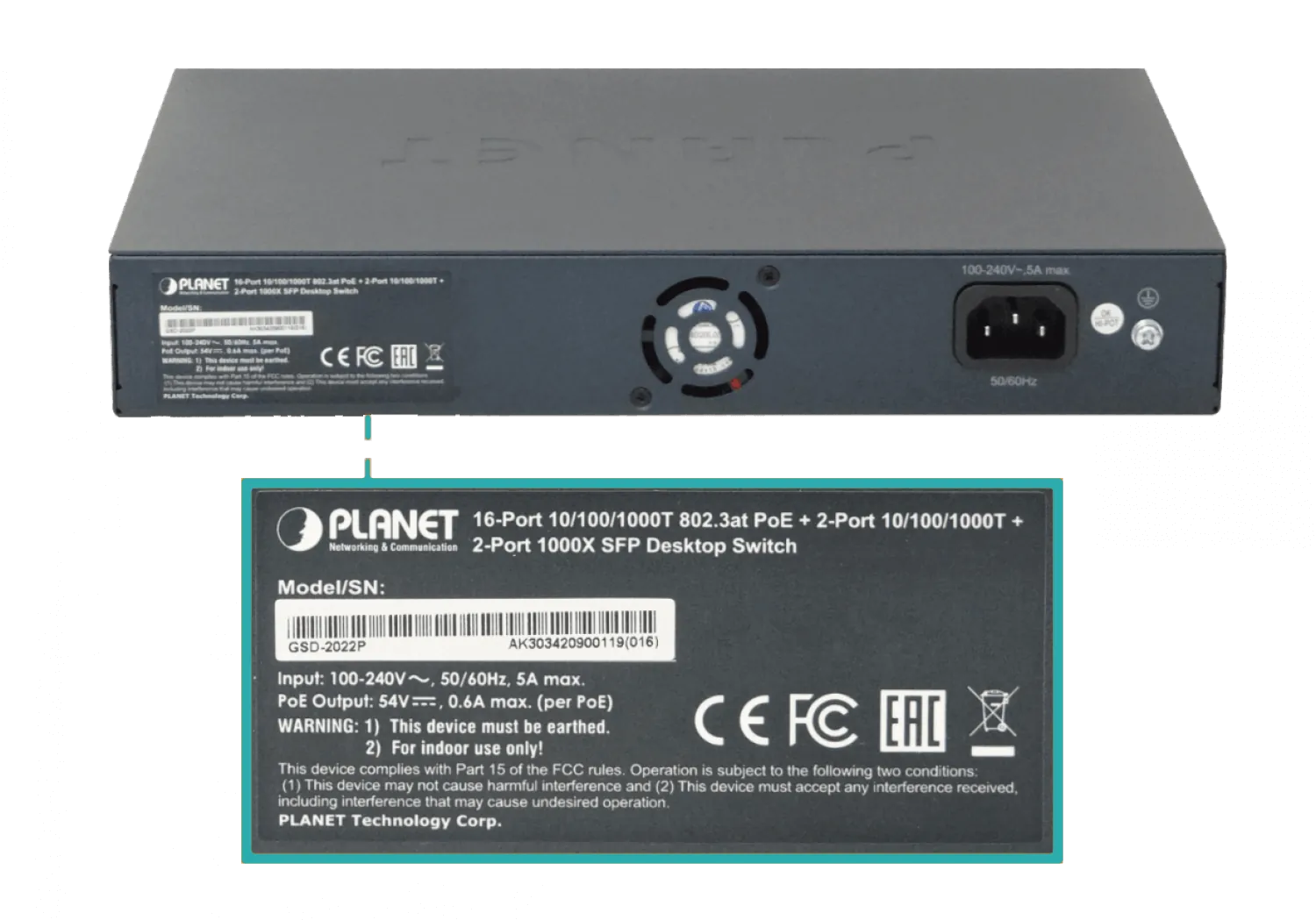 PLANET 18-1000(16-PoE+af/at) 185W-tot 2-SFP Switch Rack19p 20-puertos 3