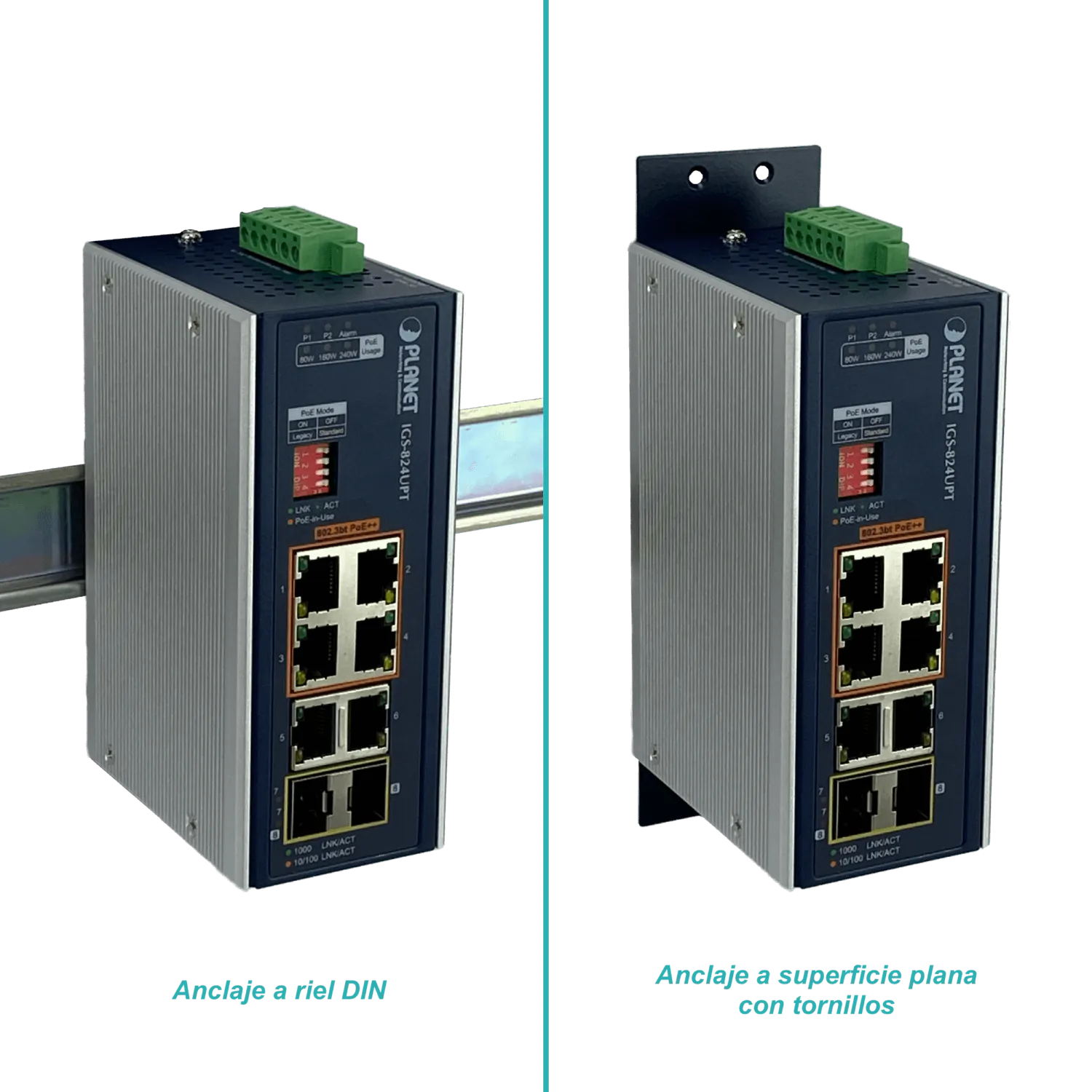 PLANET 4-1000-PoE++ 2-1000 2-SFP 240W-tot RielDIN Switch Indust 8p 3