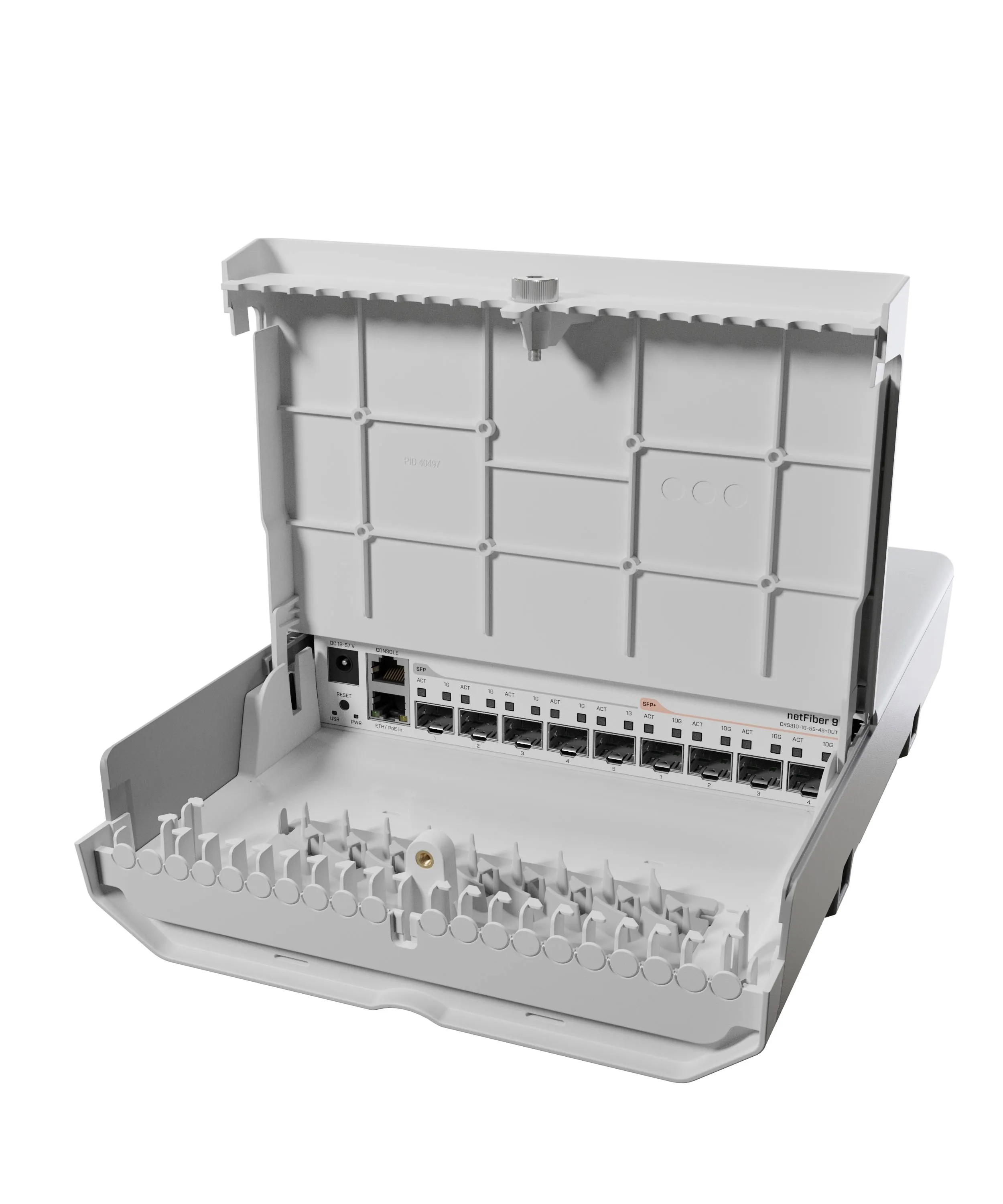Switch Exterior MikroTik NetFiber 9, 5 SFP 1G, 4 SFP+ 10G, RouterOS, IP66, 48V, Montaje Poste/Pared 1