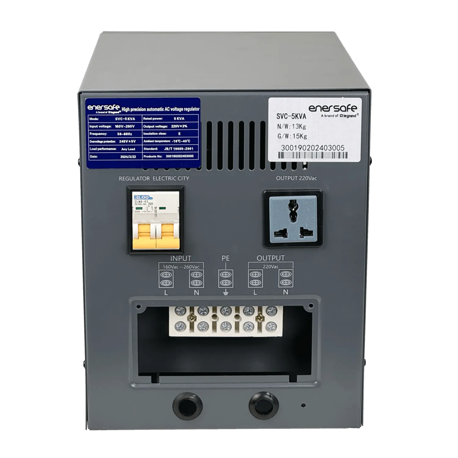 Regulador ENERSAFE AVR5000 5kVA 4500W 0.9, 164-260VAC, Salida Regleta IP20 1